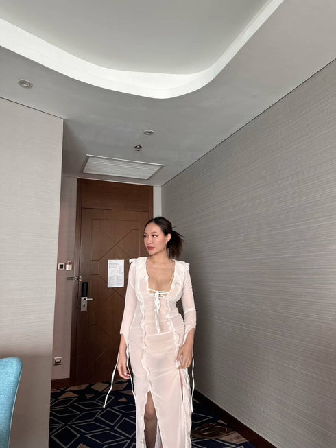 Ladies See Through Deep Neckline Ruffle Side Slit Long Dress
